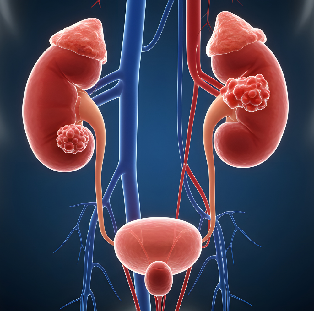 Kidney cancer and urinary system disease. Urology and oncology medical concept. 3D illustration of a renal tumor on a human kidney.