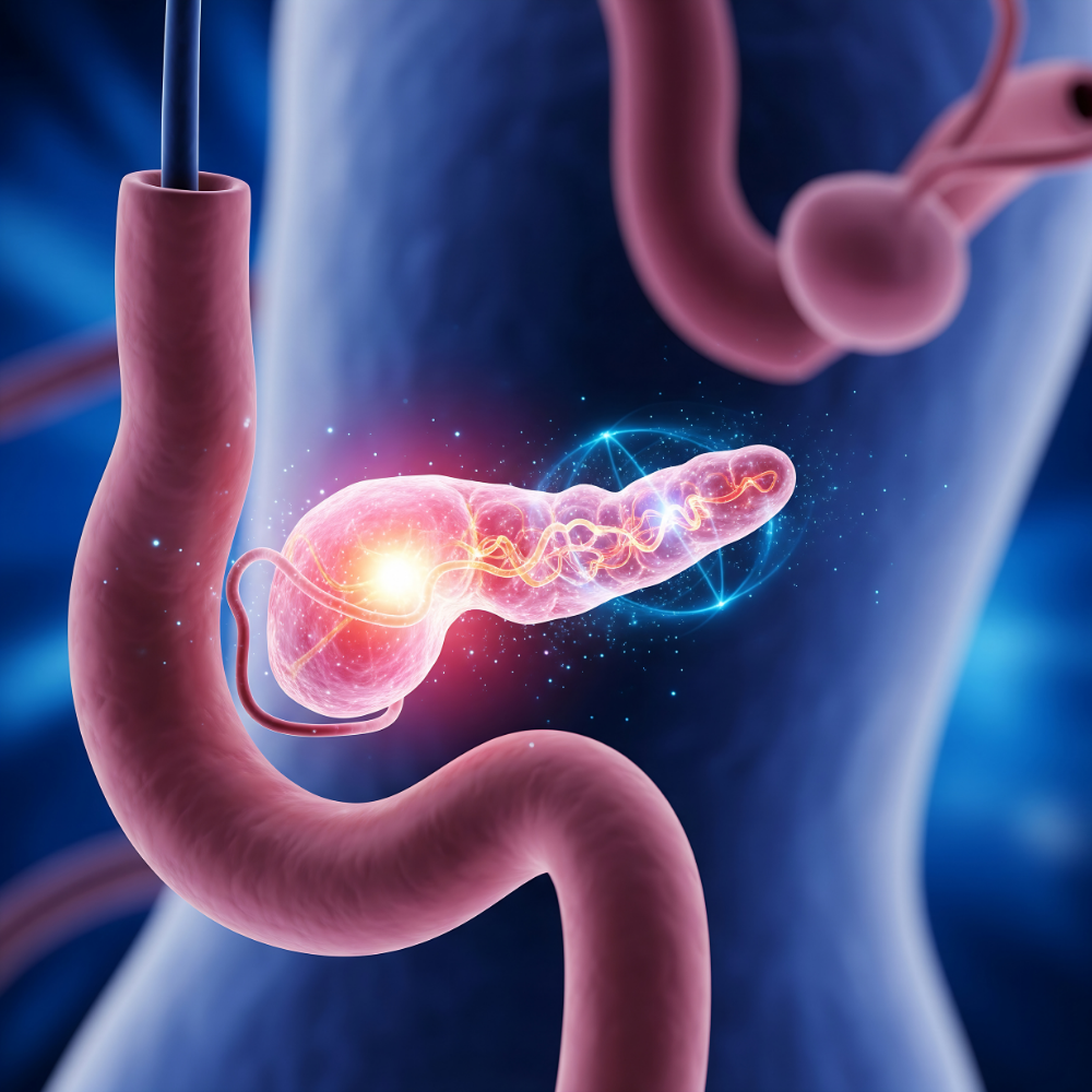 Neuroendocrine Tumor), a small, brightly glowing tumor within the pancreas body, emphasizing its hormonal activity, abstract blue and purple background